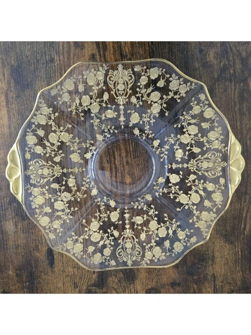 Cambridge Rose Point Gold Encrusted 12-5/8" Cheese & Cracker Plate Platter 1930s